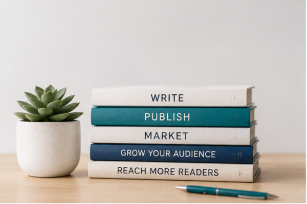 author desk with marketing books author desk with marketing books