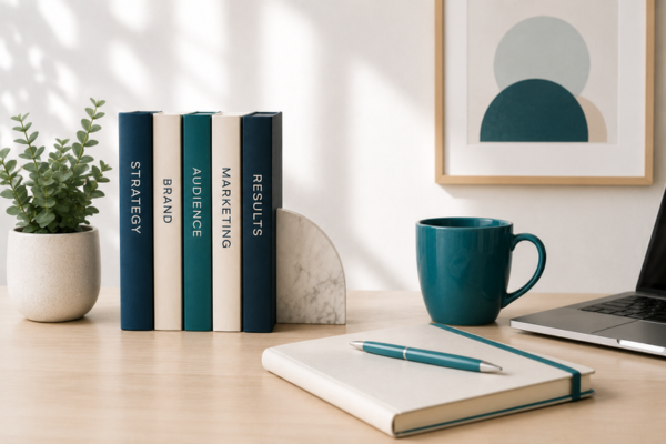Author workspace with laptop and books for how to get a bookstore event