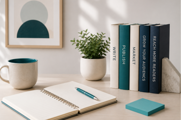 author desk with sticky pad and coffee