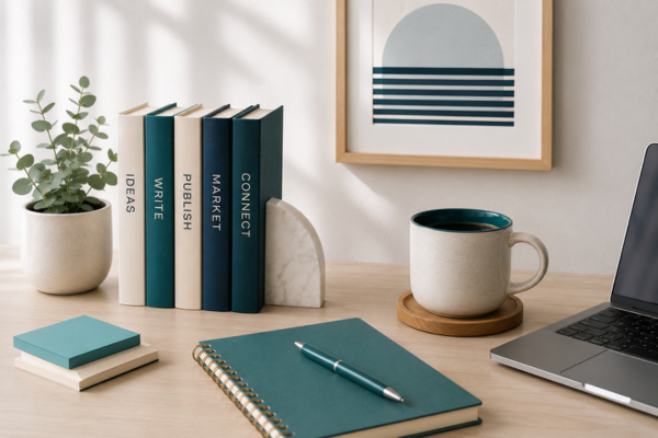 author desk with books and notes Author workspace for selling books direct to readers